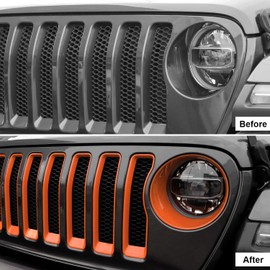 CheroCar for JL Mesh Grille Grill Insert & Headlight Turn Light Cover Trim Exterior Accessories for Jeep Wrangler JL 2018-2023,Orange