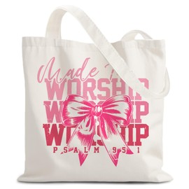 URLLUAE Coquette Christian Tote Bag, Psalm 95:1 Bible Verse Canvas Tote Bags for Women, Christian Gifts for Women, Made to Worship Pink Religious Reusable Grocery Shopping Bags