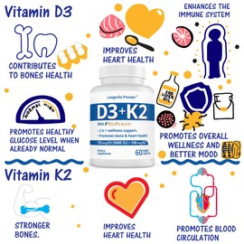 Longevity Vitamin D3+K2 up to 10000 IU D3 Daily & 200 mcg k2 with BioPerine