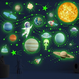 Glow in The Dark Stars Solar System Wall Decals, Sun and 8 Major Planets Stickers for Ceiling, Astronaut Rocket Wall Sticker Decor for Kids (Green)