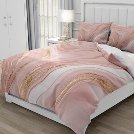 Gezu 3D Marble Bed Linen, Pink, 135 x 200 cm, Set of 2, Aesthetic Gold Marble Bed Linen Set, Microfibre Luxury Modern Duvet Cover Set with Metallic Glitter Pattern, Reversible Bed Linen with Zip and 1