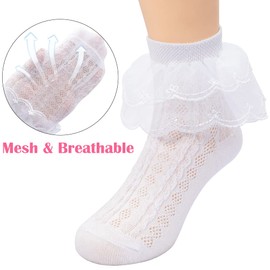 6 Pack Toddler Baby Girls Ruffle Socks White Lace Trim Eyelet Frilly Cute Cotton Dress Ankle Socks for Kids