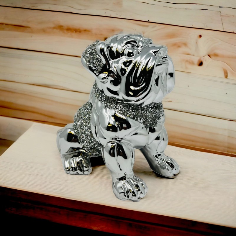 LondonMart Crushed Diamond Silver Bull Dog Ceramic Sparkly Crowned Puppy