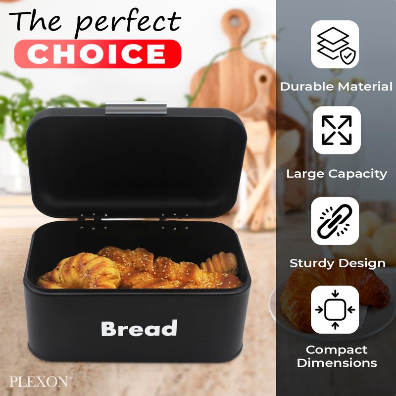 Plexon Black Bread Box for Kitchen Countertop with Lid, Metal