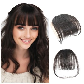 Clip-In Bangs, One Piece Pony Hair Clip, 100% Remy Human Hair for Women and Girls (Air Bangs, Natural Colour)