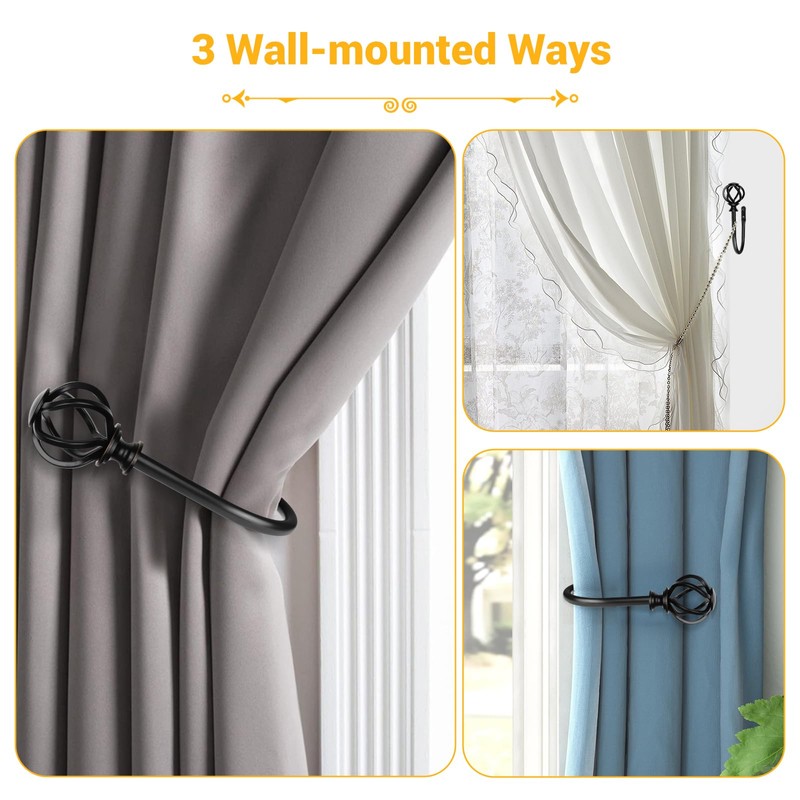 2 Pack Curtain Holdbacks, USFOOK Black Decorative Window Drapery Tiebacks