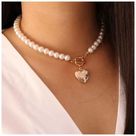 Allereyae Vintage Pearl Choker Necklace Gold Circle T Bar Necklace Bohemia Heart Necklace Love Heart Pendant Necklace Chain Jewelry for Women and Girls (Heart locket)