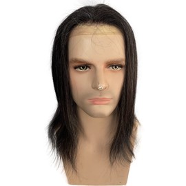 Voloria 12" Long Hair Men's Toupee Hair Replacement Systems Swiss Lace Front Natural Hairline Hairpieces Thin Skin PU V-looped 10"x8" Straight Hair（1B Black Mixed 20% Grey Synthetic Hair）
