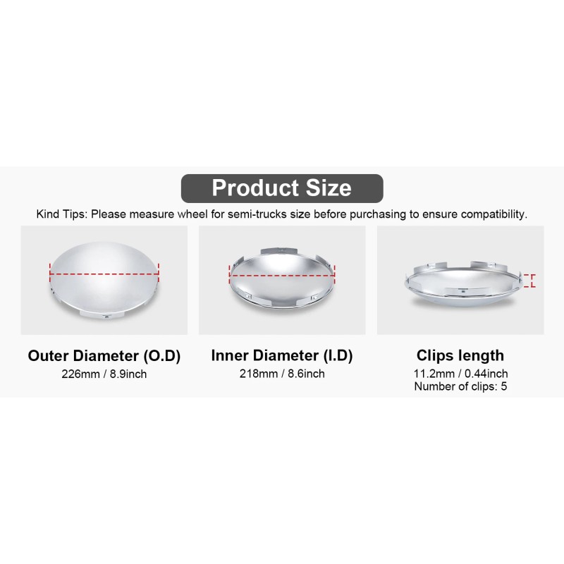 Chrome Front Hub Cap Covers for Semi Truck 8.9" Hub