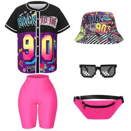 Maazusa 80s 90s Outfit for Women, Unisex Hip Hop Clothing Baseball Jersey Shirt Yoga Pants Bucket Hat Gold Chain Rapper Accessories Perfect for any 80s 90s Theme Party Music Festival Carnival (Pink)
