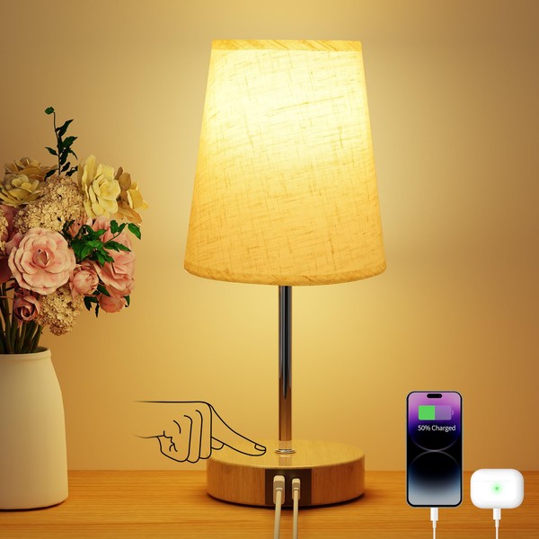 Suright Nachttischlampe Touch Dimmbar, Tischlampe mit USB A+C Ladeanschlüssen, Leinen-Lampenschirm,