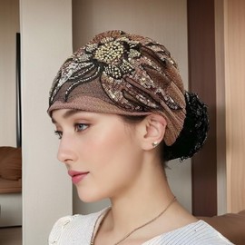 Gebell Women’s Turban Hat - Flower Sequin Cap Breathable Elegant Fashionable Headwear with Black Lace Decor for Daily Wear Party Home