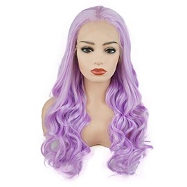 Meiyite Hair Wavy Long 24inch Light Purple Half Hand Tied Heavy Density Synthetic Lace Front Wigs