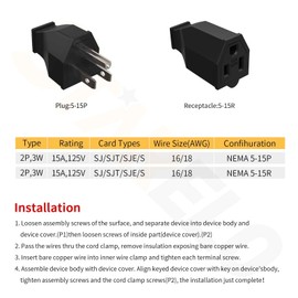 STARELO Extension Cord Ends 125V 15A 2Pole 3Wire Male Plug and Female Connector Straight Blade Plug Replacement Electrical Extension Cord End(Male & Female 5 Set)