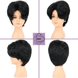 PUREHAIR Short Black Synthetic Hair Costume Wig with Ear Clips, Necklace and 2 PCS Tattoos– Natural Looking Cosplay Wigs for Halloween Party, Cosplay Events (Black)