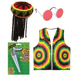 Mega_Jumble® Unisex Reggae Rasta Jamaican Hat w/Wig, Fake Spliff, Glasses & Vest - Caribbean RASTA RAGGAE JAMAICAN BOB MARLEY Adult Fancy Dress