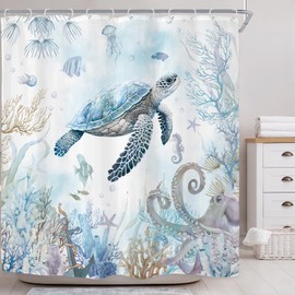Riyidecor Sea Turtle Octopus Shower Curtain for Bathroom Decor 72Wx72H Kids Teal Blue Ocean Jellyfish Underwater Coastal Animal Nautical Art Printed Fabric Polyester Waterproof 12 Pack Plastic Hooks