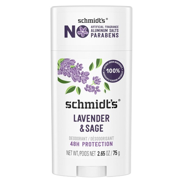 Schmidt's Natural Origin Deodorant for Women and Men Lavender & Sage with 24 Hour Odour Protection, Certified Natural Vegan Deodorant, 75 g