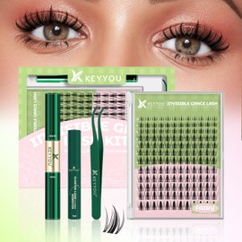 KEYYOU Fairy Lash Clusters Kit Manga Lash Extension Kit D Curl 144Pcs Eyelash Extension Kit Wispy Natural Invisible Band Lash Kit with Waterproof DIY Lash Extension Kit at Home(Kit-Fairy-D-8-18MIX)