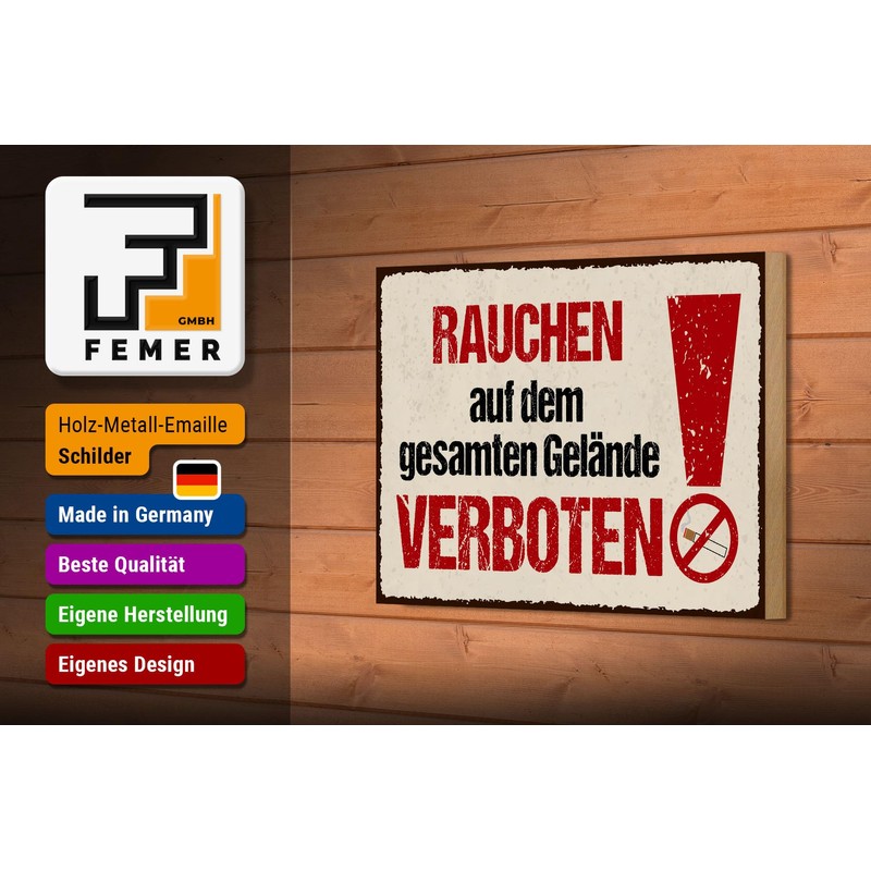 Femer Holzschild Hinweis 12x18 cm Rauchen auf dem gesamten Gelände