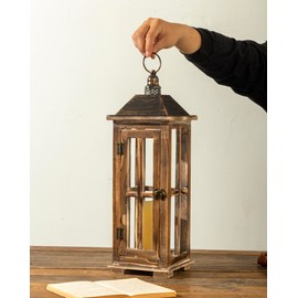 Large Farmhouse Wooden Decorative Lantern Set of 2, Rustic Distressed Brown Burnt Wood Floor Candle Lanterns, Indoor/Outdoor Hanging Lanterns for Home Decor (No Glass)