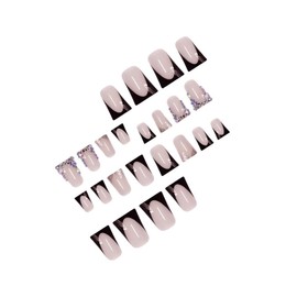 Rhinestone Press on Nails Medium Duck Fake Nails with Black French Tips Design Duckbill Diamond False Nails Glossy Skin Tones Stick on Nails Summer Glue on Nails for Women Girls Manicure 24Pcs