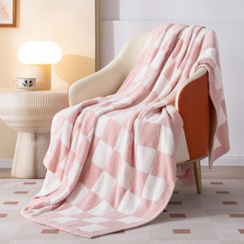 SeaRoomy Checkered Throw Blanket, Ultra Soft Microfiber Knit Pink Throw Blanket, Cozy Fluffy Reversible Checkerboard Fuzzy Blanket for Couch Sofa Bed Decor Gift Idea(Light Pink, 51"×63")