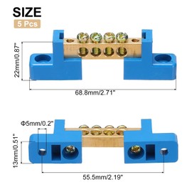 Sourcing Map 5 Pcs Brass 4 Position Ground Bus Bar Terminal Block, Blue