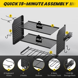 GEEKBEE Power Tool Organizer Wall Mount, 3 Layer Power Tool Holder 4 Drill Organizer, Heavy Duty Tool Shelf with Hooks, Screwdriver Holder, Power Tool storage rack for Garage, Tool Room, Black