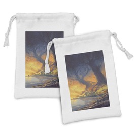 Ambesonne Fantasy Fabric Pouch Set of 2, Landscape Painting of Big Trees with Huge Roots at Sunset Beach Seaside, Small Drawstring Bag for Toiletries Masks and Favors, 9" x 6", Orange Blue