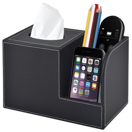 Leather Handkerchief Storage Box, Square Napkin Holder, Multipurpose Storage Box with 2 Side Panels, Raised Height 22.3 x 13.4 x 14.4 cm (Black)