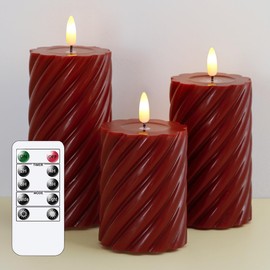 Mavandes Flameless Spiral Battery Operated Remote Control Pillar Candles,Wine Red Flickering LED Pack of 3 Twisted Real Wax 3D-Wick Timer Candles with Candle Grease(3x4,5,6 Inches)