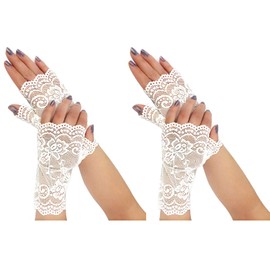 COSFAN 2 Pairs Women's Lace Gloves,Short Fingerless Floral Bridal Gloves,Sunblock Wrist Gloves for Tea Party Opera
