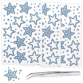 Blue Star Gem Stickers Jewels for Crafts - Self Adhesive Rhinestone Jewel Sticker, Stick on Gems Rhinestones for Makeup, Acrylic Bling Star Stickers, Craft Supplies 3 Sheets