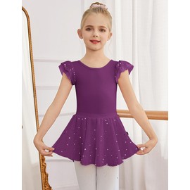 Zaclotre Ballet Leotards for Girls Toddler Ruffle Sleeve Crisscross Back Dance Dress Outfit with Removable Skirt Combo Dark Purple