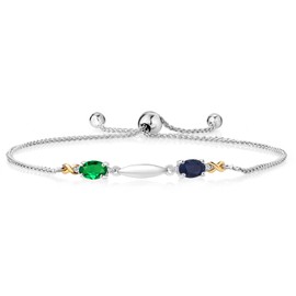 Gem Stone King 925 Silver and 10K Yellow Gold Green Nano Emerald Blue Sapphire and White Lab Grown Diamond Tennis Bracelet For Women (1.00 Cttw, Fully Adjustable Up to 9 Inch)