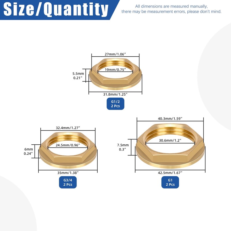 Glarks 6pcs G1 G1/2 G3/4 3 Sizes Brass Lock Nut
