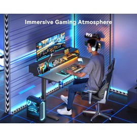 OffiGo Gaming Standing Desk with LED Light, 48 Inch Electric Height Adjustable Table with Power Outlet & Floating Monitor Stand, Sit Stand Computer Workstation for Kids Boys Men, Black