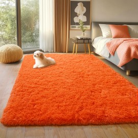 Orange Shag Rug for Bedroom, 4x5.9 Feet Fluffy Area Rugs for Living Room and Nursery, Soft and Comfy, Fuzzy Carpet for Girls Boys Kids Dorm Home Decor Aesthetic, Upgrade Non Slip
