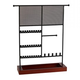 H-RONG Jewelry Stand Holder Earring Organizer Stand with Wooden 4 Tries and Big Mesh For Earrings Necklaces Bracelets and Watches