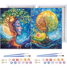 Reofrey Framed Paint by Numbers Kit for Adults & Beginner - 2Pcs 8x12Inch Canvas Sun Trees Paint by Numbers - Landscape Educational & Creative Art Set for Beginners - Perfect for Home Wall Decoration