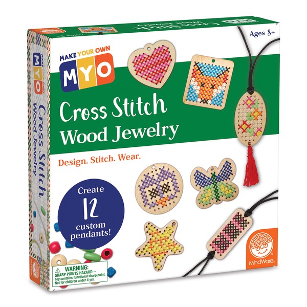 MindWare Make Your Own Cross Stitch â€“ Cute & usable DIY Crafts for Girls & Teens â€“ Make 12 Wooden Pendants â€“ 29 pcs