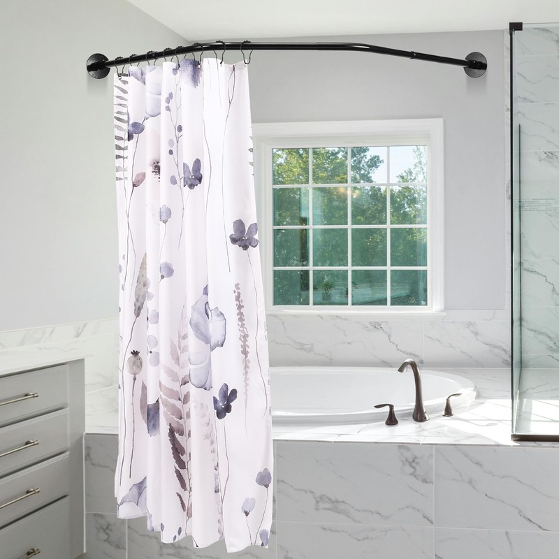 Adjustable Black Corner Shower Curtain Rod with 12 Hooks, 31-41