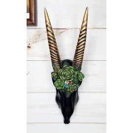 Ebros Gift Rustic Wildlife Black Rhim Gazelle Antelope Skull with Golden Horns and Green Rose Flowers Wall Trophy Decor Rams Deers Taxidermy Hanging Sculpture Plaque Figurine