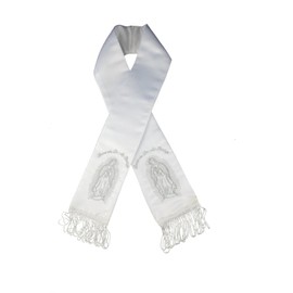 White Satin Stole Sash Baptism Christening Embroidered Virgin Maria in Gold Silver
