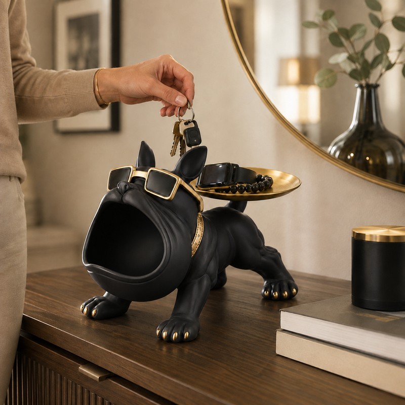 Bulldog Decorative Storage Tray Statue – 11.8-Inch Resin Dog Figurine