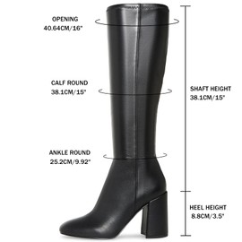 HEIFIN Black Knee High Boots for Women Faux Leather Tall Boots Chunky High Heel Square Toe Long Boots