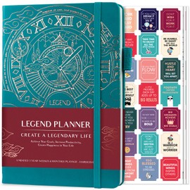 Legend Planner – Deluxe Weekly & Monthly Life Planner to Hit Your Goals & Live Happier. Organizer Notebook & Productivity Journal. A5 Hardcover, Undated – Start Any Time + Stickers – Viridian Green