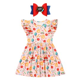 IBTOM CASTLE First Day of Kindergarten Dresses: Toddler Girls Back to School Dress Flutter Sleeve Pencil Print Summer Causal Dress with Bow Headband 2PCS Birthday Party Smocked Dress Pink 4-5 Years