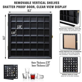Shot Glass Display Case Wooden Cabinet Rack Holder Wall Mounted 56 Slots Black Shadow Box Lockable with UV Protection Acrylic Glass Door Shot Glass Storage Display with Removable Shelves, 23.3"x18.74"